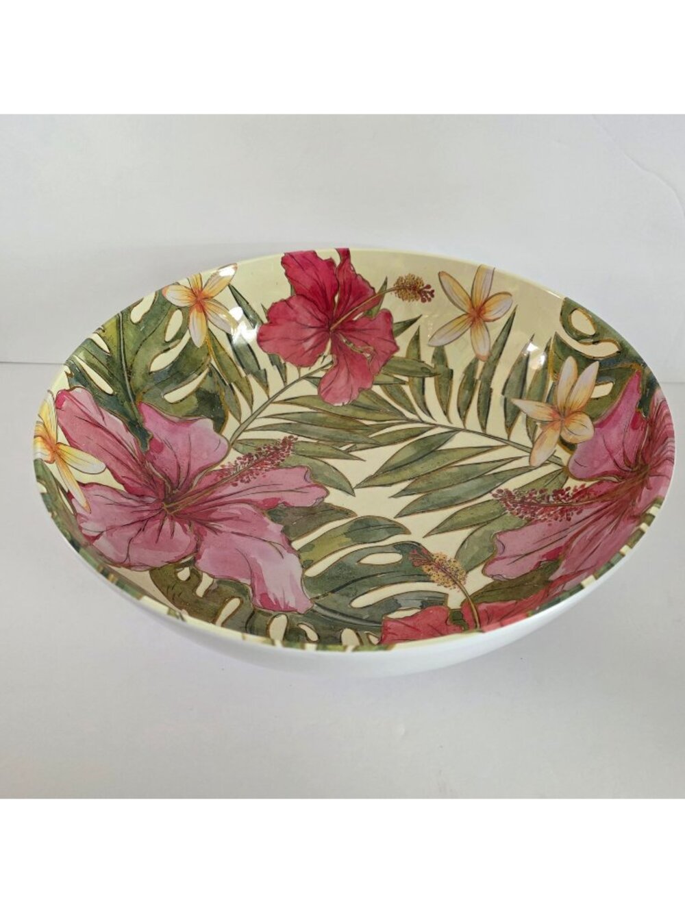 Nocole Miller Tropical Floral Melamine Serving Bowl Vibrant Pink & Green Leaves